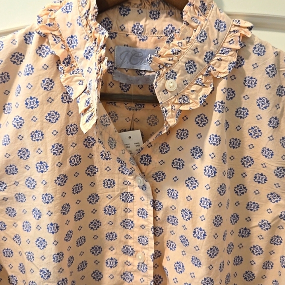J. Crew Classic Pink and Blue Medallion Ruffled Shirt